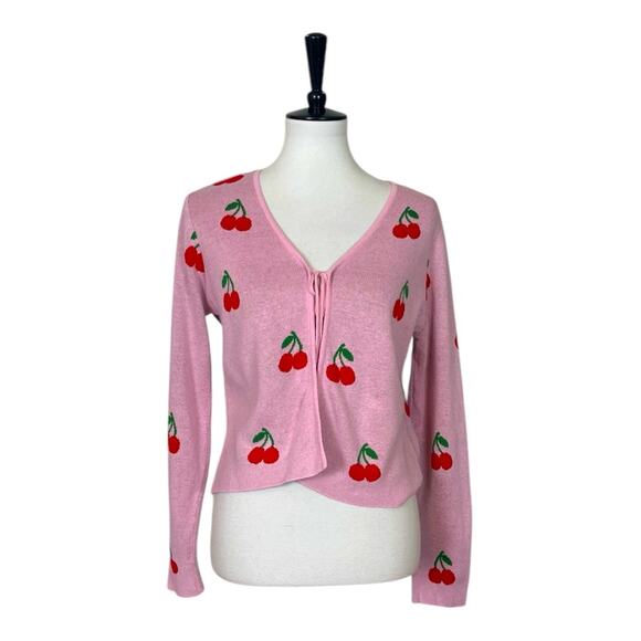 Nikkak Cardigan Sweater Tie Front Cropped Pink Red Cherry Pattern Women Size XL - Picture 1 of 12